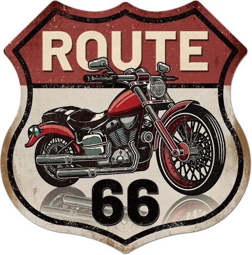 GLOBLELAND Letrero de metal vintage para motocicleta, diseño retro con texto en inglés "Route 66", decoración de pared de metal, divertido letrero