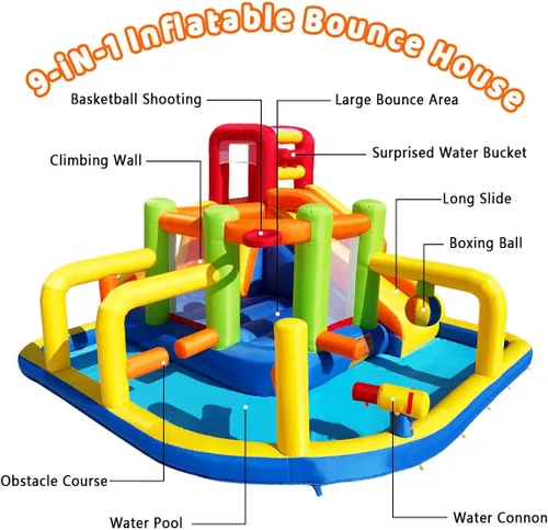 Miniatura 2 de Umbalir Casa inflable de rebote de obstáculos, parque acuático para niños con toboganes de agua, cubo de descarga sorpresa, obstáculos, salto
