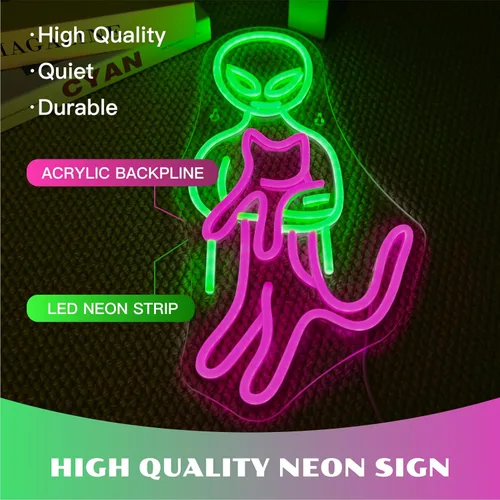 Miniatura 2 de ineonlife Letrero de neón de gato alienígena gracioso, letreros de neón en verde y rosa, artículos de gato alienígena para pared, cueva de hombres