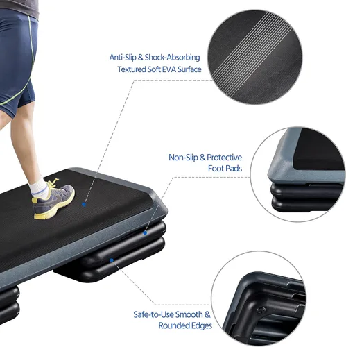 Miniatura 5 de Yaheetech Escalón aeróbico, plataforma de ejercicio aeróbico ajustable de 4-6-8 pulgadas, tamaño del club de salud con elevadores y superficie
