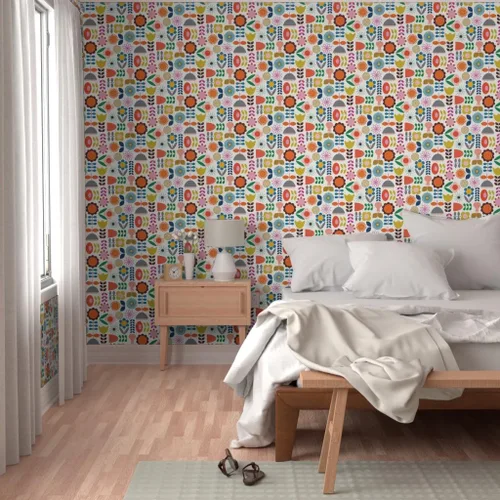 Miniatura 5 de Spoonflower Despegar y pegar papel tapiz Muestras - Mod Jardín escandinavo Scandi Arte Flores Margarita Azul Marino Naranja Rosa Vivero Floral