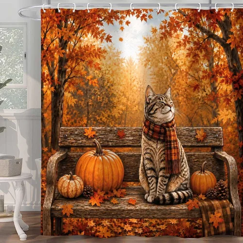 Miniatura 12 de Autumn Pumpkin Shower Curtain, Fall Farmhouse Bathroom Curtain, Thanksgiving Harvest Sunflower Maple Leaves Country Road Waterproof Polyester Fabric