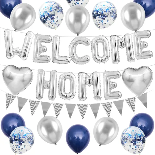 Miniatura 15 de Decoraciones Welcome Home Negro Azul Plateado, Pancarta de Globos de Papel de Aluminio Negro Welcome Home con Globos de Corazón Azul Marino Banderín