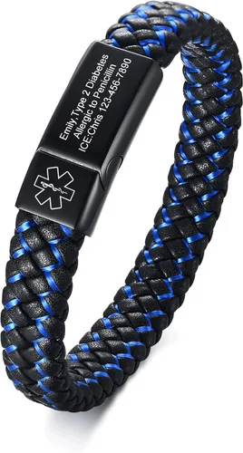 VNOX Pulsera médica para hombres Pulsera de cuero genuino de acero inoxidable con alerta médica para hombres y mujeres, 8.3 pulgadas