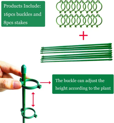 Miniatura 4 de Belit Paquete de 8 estacas de soporte para plantas pequeñas, estacas ajustables de soporte de un solo tallo para jardín, anillo de soporte