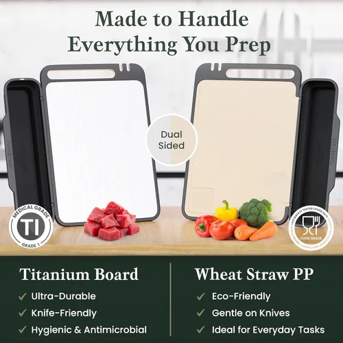 Miniatura 2 de PURE-PREP Tablas de Cortar de Titanio para Cocina - Tabla de Cortar de Doble Cara de Titanio Puro/Paja de Trigo PP con Bandeja Plegable, Rallador