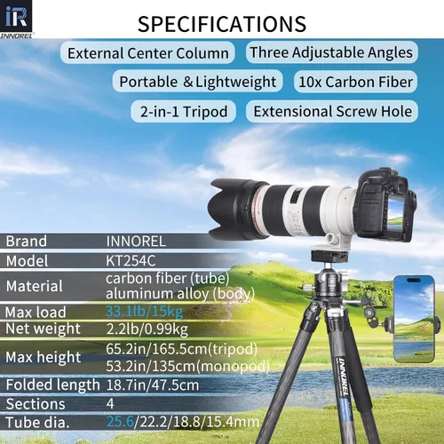 Miniatura 2 de Trípode de fibra de carbono Monopod INNOREL KT254C Trípode de viaje compacto portátil profesional para soporte de cámara DSLR, soporte de tubo