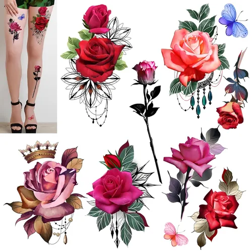 ROARHOWL Impresionantes tatuajes temporales de rosas para mujeres, conjunto de tatuajes de gran tamaño (rosa 1)