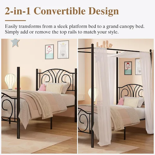 Miniatura 3 de VECELO Base de cama con dosel de metal, tamaño individual, base de colchón con plataforma de 4 pósteres con cabecero, soporte de listones de acero