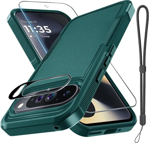 Miniatura 10 de Funda para Google Pixel 10 Pro XL con correa para la muñeca + protector de pantalla de vidrio templado + cubierta para lente de cámara, cuerpo Verde