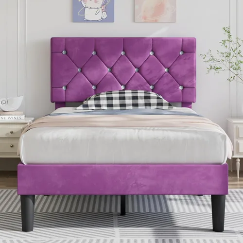 Miniatura 24 de VECELO Base de cama de tamaño individual, plataforma tapizada con cabecera ajustable de diamante, soporte de listones de madera, no necesita somier