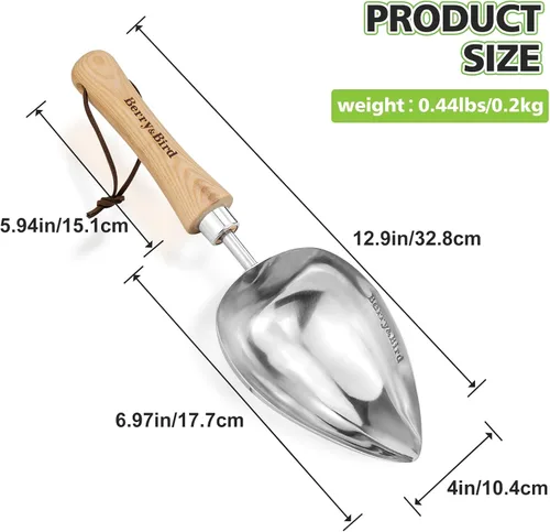 Miniatura 2 de Berry&Bird Cuchara de tierra de gran tamaño, de acero inoxidable con mango de madera, cuchara de pala de mano multifunción para trasplantar, plantar