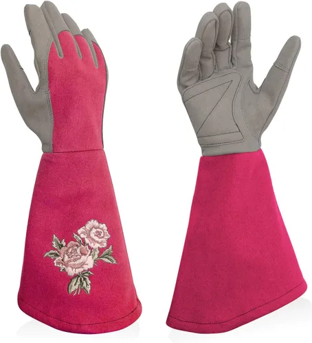Rose Pruning Gloves Thorn Resistant, Embroidery Gardening Gloves with Extra Long Forearm Protection Rosa rojo