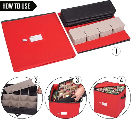 Miniatura 4 de Caja de almacenamiento para adornos navideños, 4 capas, se adapta a 64 bolas de ornamentos, fabricada con material Oxford 600D duradero Rojo