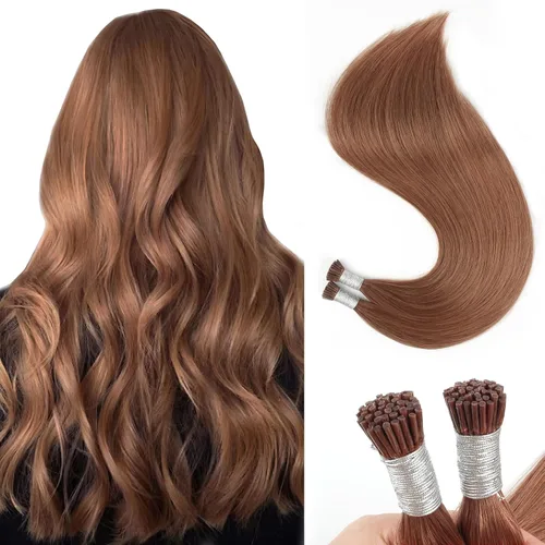 Miniatura 13 de Sixstarhair Extensiones de cabello humano de queratina con punta en I de 14 pulgadas, color marrón chocolate, extensiones de cabello lacio y sedoso