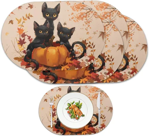 Miniatura 20 de Non Slip Placemats Set of 6 Pumpkin Mushroom Theme Waterproof Wipeable Faux Leather for Thanksgiving Family Feast Heat Resistant Dining Table Mats