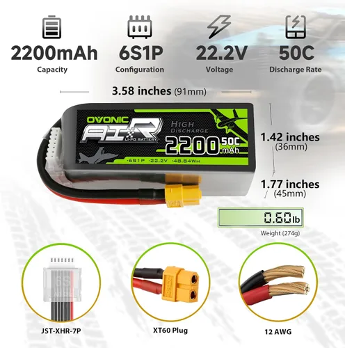 Miniatura 2 de OVONIC 6S Lipo Batería 22.2V 2200mAh 50C Batería con conector XT60 para RC Avión Helicóptero RC Coche Camión Tanque Drone Racing Hobby (2 unidades)