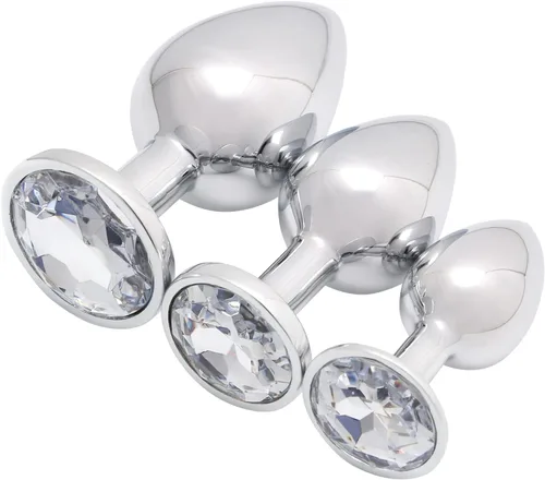 Miniatura 15 de AKStore 3 tapones anales fetiches de acero inoxidable con diseño de joyas lujosas para fantasías sexuales de bondage, tamaños grande, mediano y Azul
