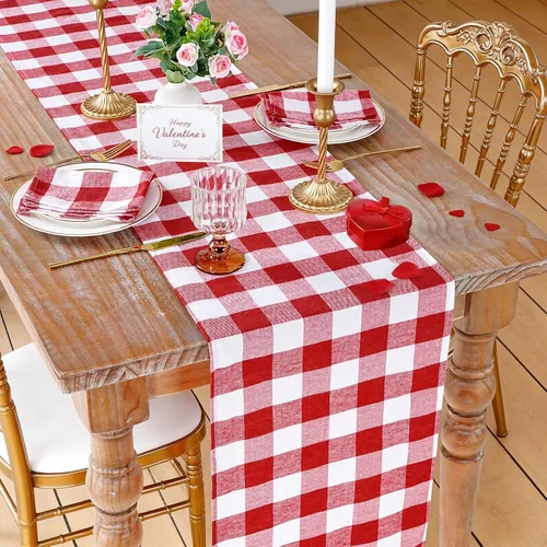 Miniatura 32 de Camino de mesa a cuadros de búfalo negro y rojo, 2 paquetes de 13 x 108 pulgadas, caminos de mesa navideños a cuadros para decoración de mesa