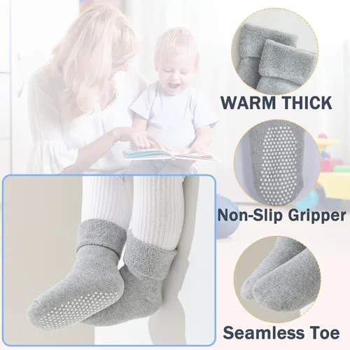 Miniatura 2 de hakugoo 6 pares de calcetines antideslizantes para niños pequeños con pinzas de invierno, gruesos, cálidos, acogedores, calcetines para bebés y niños