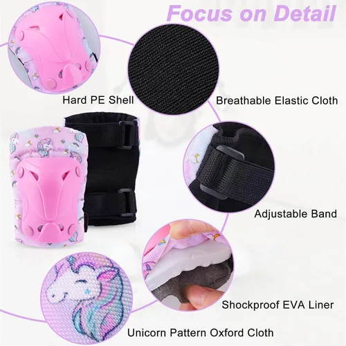 Miniatura 6 de Casco para niños, casco de bicicleta para niños pequeños con pegatinas DIY Unicornio, rodilleras y coderas ajustables, juego de protección para Rosa
