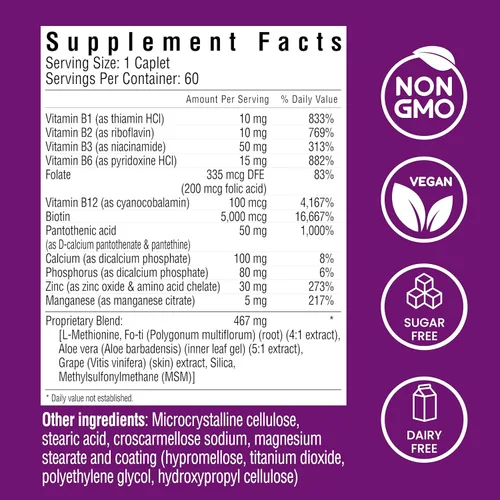 Miniatura 2 de Piel y uñas, soporte para el crecimiento del cabello, piel y uñas saludables, biotina, vitaminas B1, B2, B3, B6 y B7 + B1, apoya un cabello