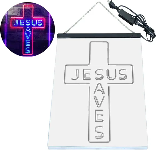 Miniatura 8 de ADVPRO Placa de pared con diseño de Jesús salva cruz, regalos de inauguración de la casa, letrero de neón LED de doble color, azul y rojo, 8.5 x 12