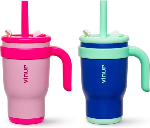 Miniatura 23 de VINUR Vaso para niños con asa - 14 oz de acero inoxidable con aislamiento al vacío de doble pared con tapa y pajita, vaso de agua de viaje