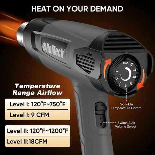 Miniatura 2 de ROMECH Pistola de calor resistente de 1500 W, kit de pistola de aire caliente con control de temperatura variable con 2 caudales de aire de 120 °F a