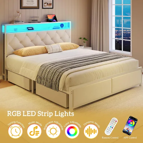 Miniatura 6 de Fluest Base de cama Queen con cabecero, cajones de almacenamiento, estación de carga rápida, luces LED, marco de cama tamaño Queen con cajones