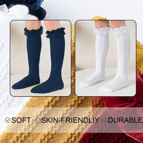 Miniatura 5 de Epeius - Calcetines altos de algodón para bebés y niñas, de uniforme, calcetas con vuelos (Paquete de 3 o 5)