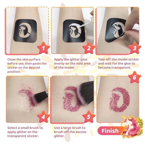 Miniatura 7 de Kit de tatuaje temporal de 30 colores para niñas, 147 plantillas, 4 pinceles, 2 pegamento, tatuajes con purpurina para niños o adultos, para niñas