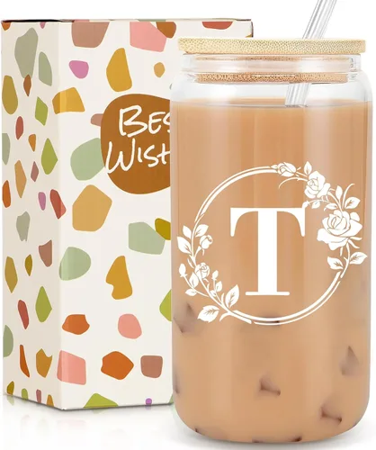 Miniatura 16 de Regalos de cumpleaños para mujeres, taza de vidrio personalizada con monograma de iniciales para mujeres, tazas de vidrio de 16oz con tapas