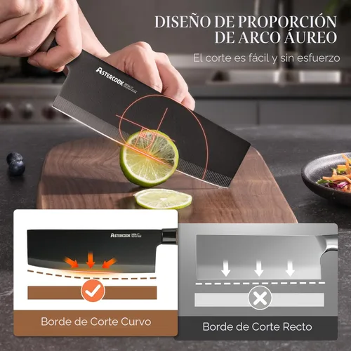 Miniatura 4 de Astercook Juego de cuchillos de cocina de 6 piezas con bloque, cuchillos de cocina ultra afilados de acero inoxidable de alto carbono, mango de Negro
