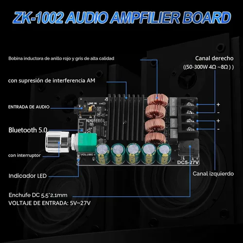Miniatura 5 de ZK-1002 Placa de amplificador de audio Bluetooth 5.0, mini amplificador de potencia HiFi de 100 W x 2 de 2.0 canales con control de volumen, Negro4