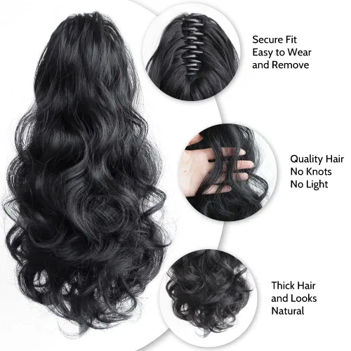 Miniatura 6 de Extensión de cola de caballo de garra negra natural ondulada de 16 pulgadas, extensiones de cabello sintético rizado con clip, extensiones