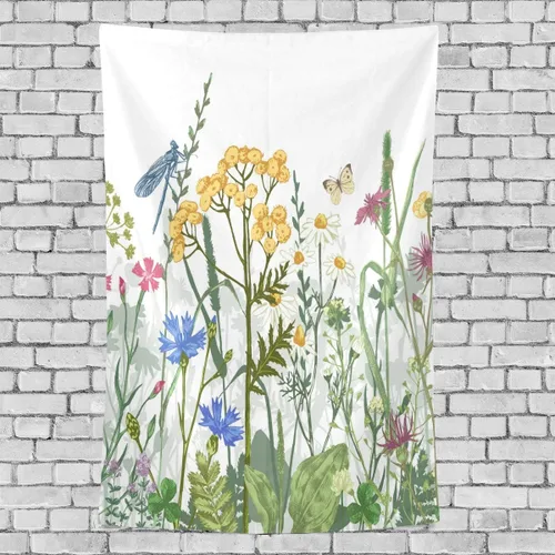 Tapiz botánico, hierbas coloridas vintage y flores silvestres, borde floral, vertical para colgar en la pared, de poliéster, tapiz de pared,