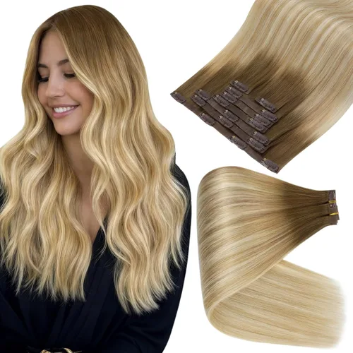 Miniatura 35 de Full Shine Extensiones de cabello humano con pinzas, cabello humano Remy invisible para mujer, color rubio platino, 20 pulgadas, 8 unidades, 4.23 oz