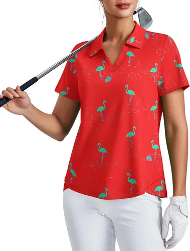 Miniatura 8 de PINSPARK Camiseta de golf para mujer, de manga corta, con protección UPF 50+, camiseta de tenis, cuello en V, para entrenamiento, ropa deportiva
