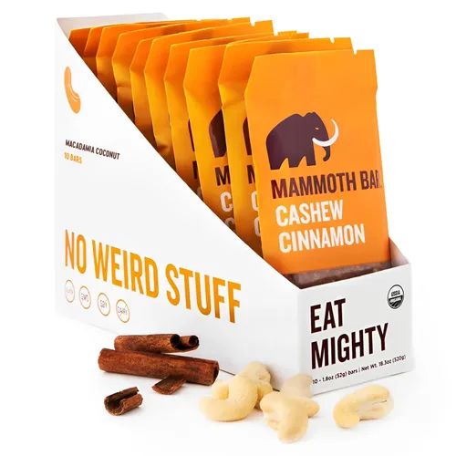 Barra de anacardo y canela, orgánica, paleo, sin gluten y cruda por Mammoth Bar, 0.35-0.47 onzas de proteína, 1.8 onzas (10 barras)