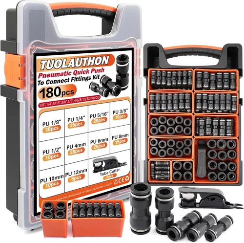 Kit de accesorios de aire de empuje para conectar, 180 piezas, imperial de 1/8", 1/4", 5/16", 3/8", 1/2" y métrico 4,6,8,10,12 in surtido neumático