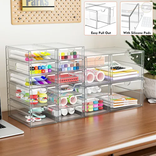 Miniatura 5 de Organizador de maquillaje acrílico con 17 cajones, paquete de 4 organizadores transparentes para mostrador de baño para paletas, cosméticos