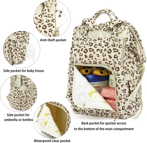 Miniatura 4 de Pañalera de pana para bebés, niñas y niños, bolsas grandes para pañales para mamá (leopardo de pana beige)