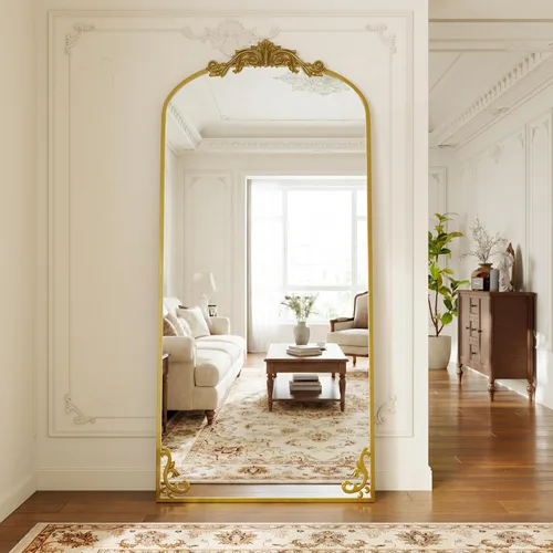 Miniatura 11 de GLSLAND Espejo Vintage - 72" x 44" Espejo de Cuerpo Completo Grande Tallado Arqueado con Marco de Metal Barroco Espejos de Cuerpo Completo para Negro