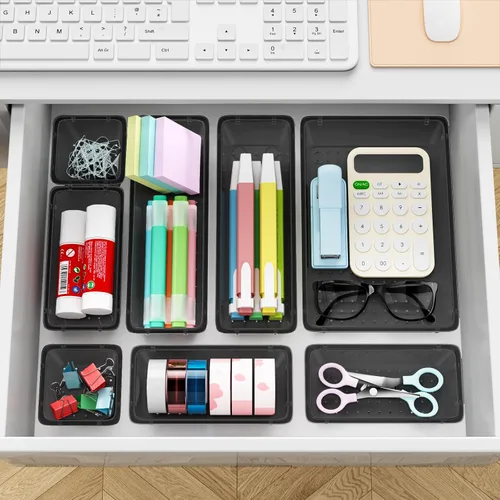 Miniatura 5 de ElegantArray Juego de organizador de cajones de 12 piezas, 4 tamaños, organizador de tocador de plástico versátil para maquillaje, papelería, Negro