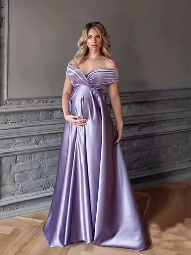 Miniatura 2 de Molisa Vestido de maternidad de satén para sesión de fotos con hombros descubiertos de terciopelo para baby shower, vestido de embarazo nupcial