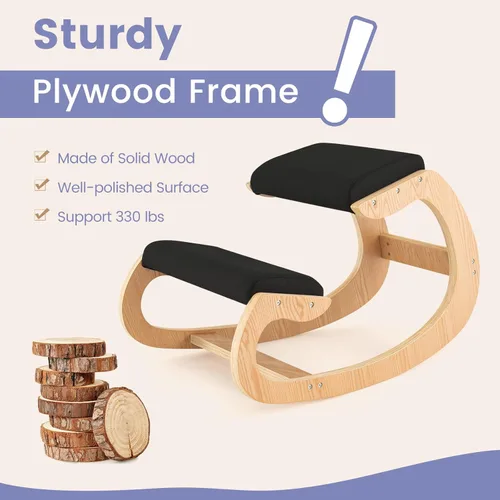 Miniatura 5 de GOFLAME Silla ergonómica para arrodillarse, mecedora de madera con cómodo cojín de asiento acolchado y soporte de rodilla para oficina en casa, Negro