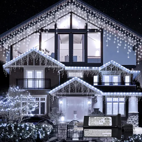 Miniatura 10 de Luces de carámbano de 33 pies con 300 luces LED para exteriores, impermeables, con 50 gotas, tira de luces blancas cálidas para bodas, fiestas