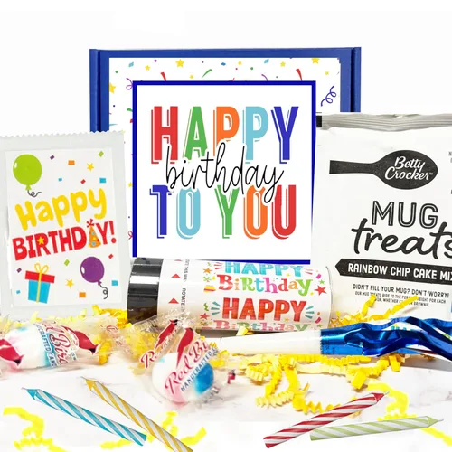 Caja de cumpleaños con kit de tarta de taza, velas de fiesta, confeti y golosinas festivas, juego de regalo completo con tarjeta, mentas y