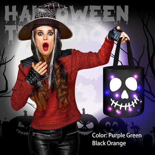 Miniatura 6 de Yaomiao 4 cubos de Halloween para niños con luz LED para dulces de calabaza, cestas de regalo reutilizables para suministros de fiesta (colorido)